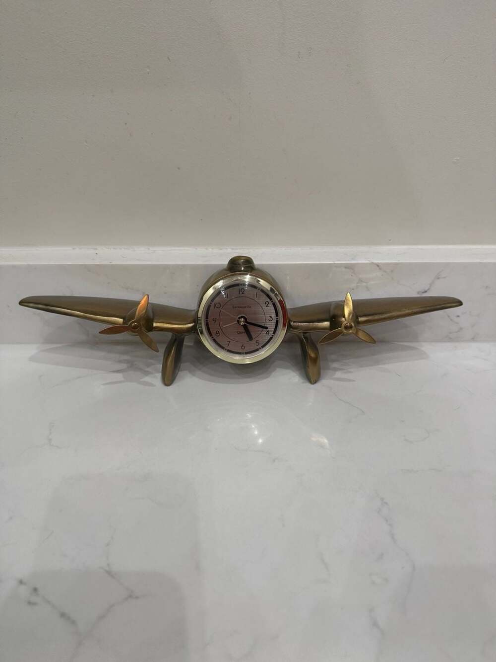 Vintage Sarsaparilla Twin-Engine Brass Airplane Desk Clock